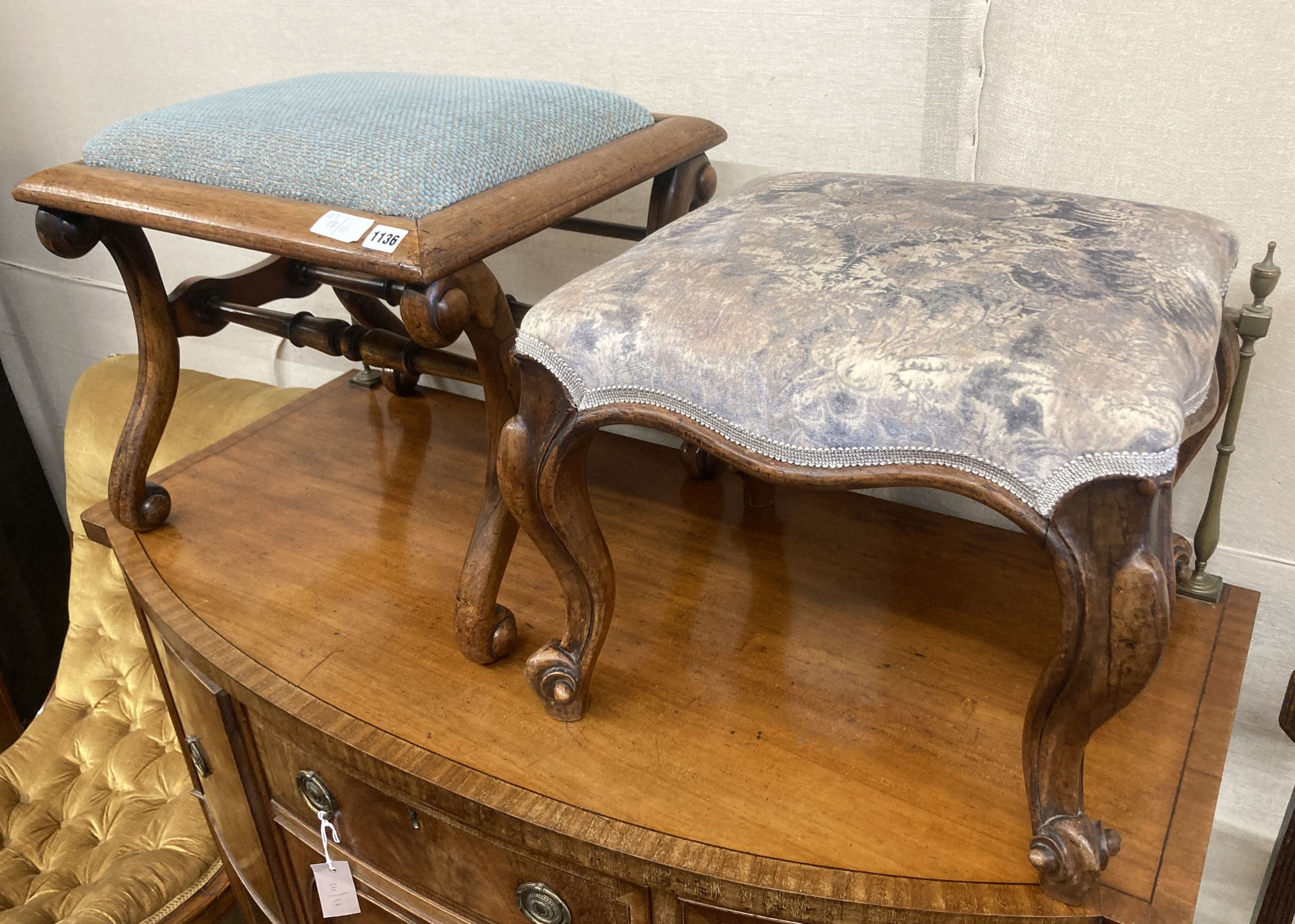 Two Victorian mahogany and rosewood dressing stools, larger 51cm, depth 44cm, height 44cm